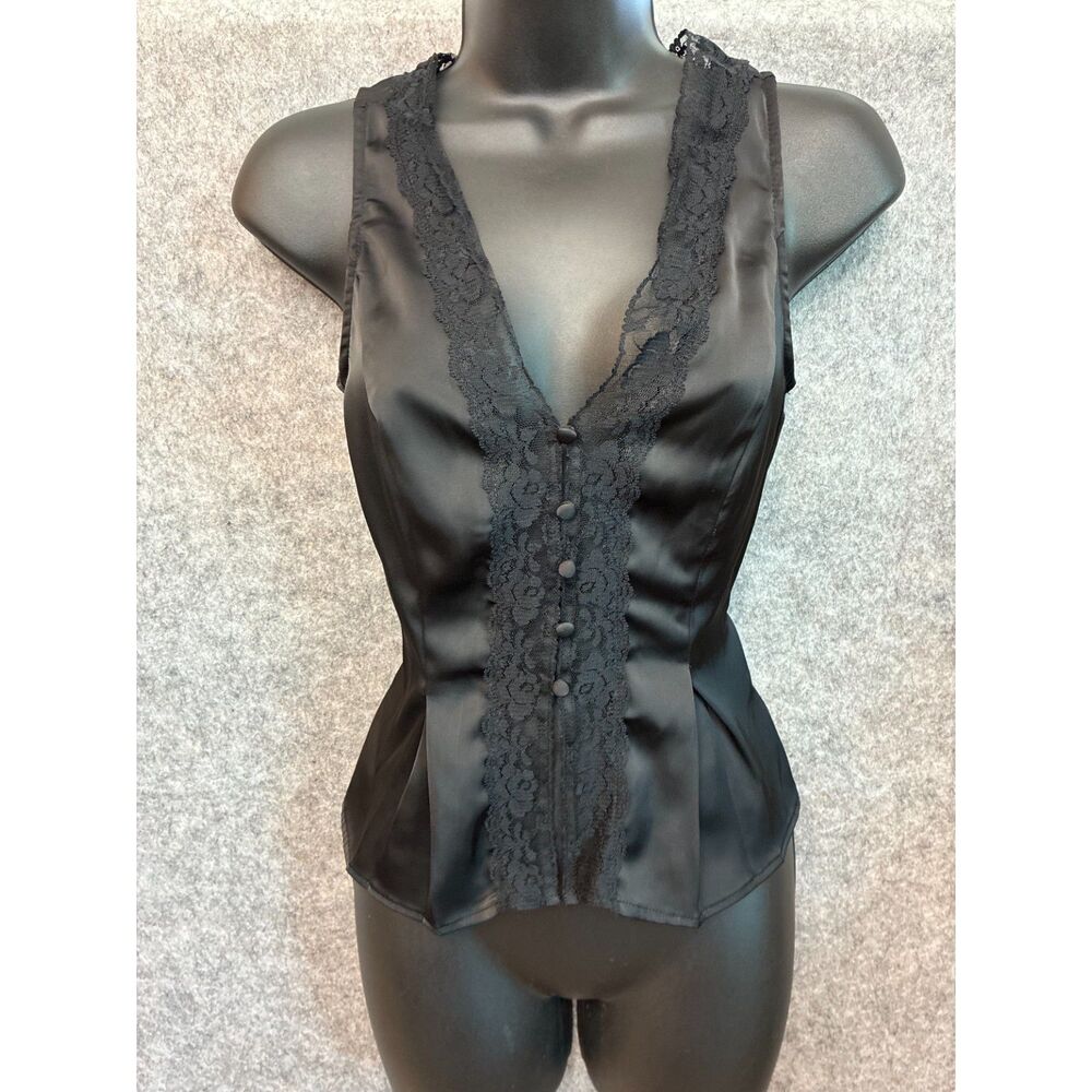Black Going Out Satin Lace Trim Peplum Top Size S Coquette Romantic Classy